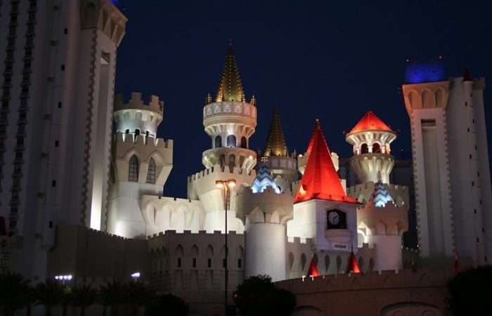 A photo of the Excalibur hotel and casino in Las Vegas at night