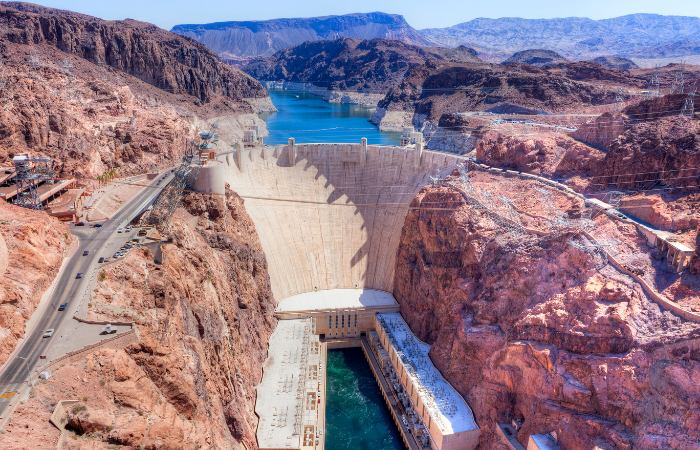 an aerial photo of the Hoover Dam